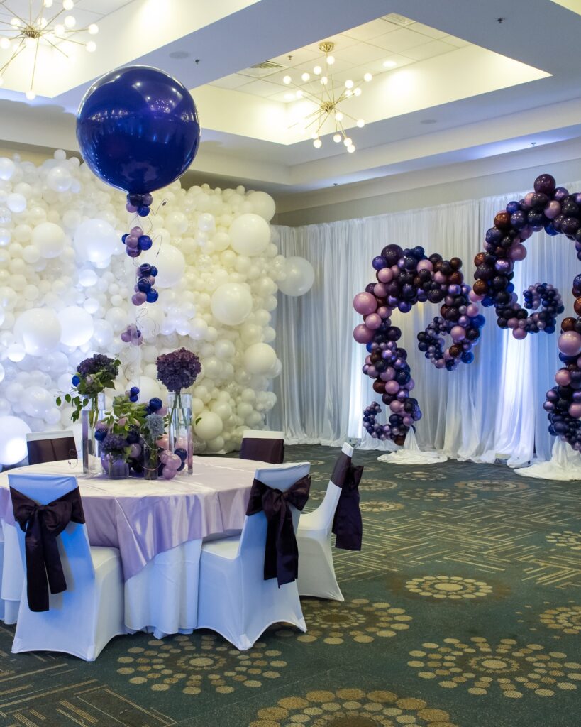 Wedding Centerpiece, Balloon Wall, & Organic Garland